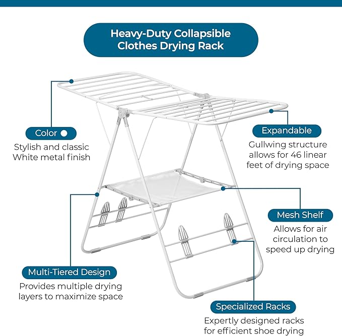 Honey-Can-Do Heavy-Duty Gullwing Clothes Drying Rack, White, 46 Ft | Rust-resistant metal frame; 50 lb capacity; dedicated shoe drying bars; folds flat; indoor or outdoor laundry use