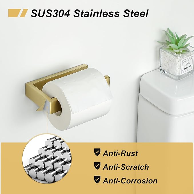 Sayayo Brushed Gold Toilet Paper Holder Wall Mount, Toilet Tissue Holder for Bathroom Tp Holder Square, SUS304 Stainless Steel