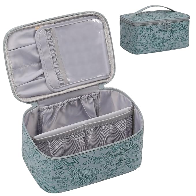 Makeup Bag for Women - Travel Cosmetic Organizer with Brush Slot & Divider, Large Capacity Toiletry Bag for Girls, Travel Makeup Case for everyday Make up Accessories -Blue Floral