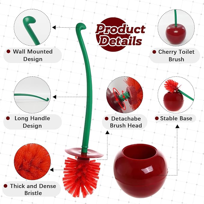 Cherry Toilet Brush with Holder Bowl&Long Handle, Bathroom Cleaning | Red Cherry Shape/ Household Bathroom Cleaner with Base/ Easy to Store/ Thick Bristles/ Deep Clean/ Rust-Resistant & Leakproof