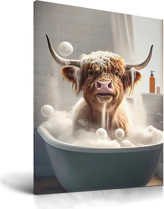 UPWOIGH Highland Cow Bathroom Wall Art, 12 x 16 Inch Wrapped Canvas | Playful Bathtub Scene with Bubbles, Warm Farm Animal Decor for Guest Bath, Powder Room, Restroom or Small Wall Space