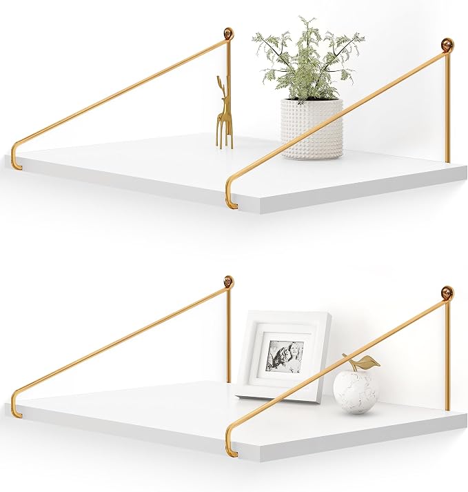 Afuly Floating Shelves for Wall, 12 Inch Deep Gold White Shelf, Set of 2 | Solid Wood and Metal, Hanging Bookshelf with Brackets, Plants Photos Display, for Bathroom, Kitchen, Living Room, Bedroom