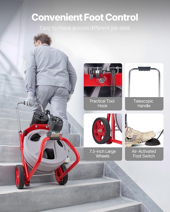 VEVOR Drain Cleaner Machine 100 FT x 3/8 Inch, Auto Feed Sewer Snake Drain Auger on Wheels, Portable Drain Cleaning Machine with 8 Cutters & Air-Activated Foot Switch for 2" to 4" Pipes