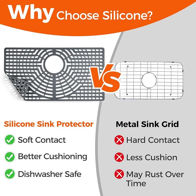 Snuggery Silicone Sink Protector for Kitchen Sink, 30"x16" Rear Drain | Scratch protection, cushions fragile dishes and glassware, dishwasher safe, food-grade silicone, 446°F heat resistant