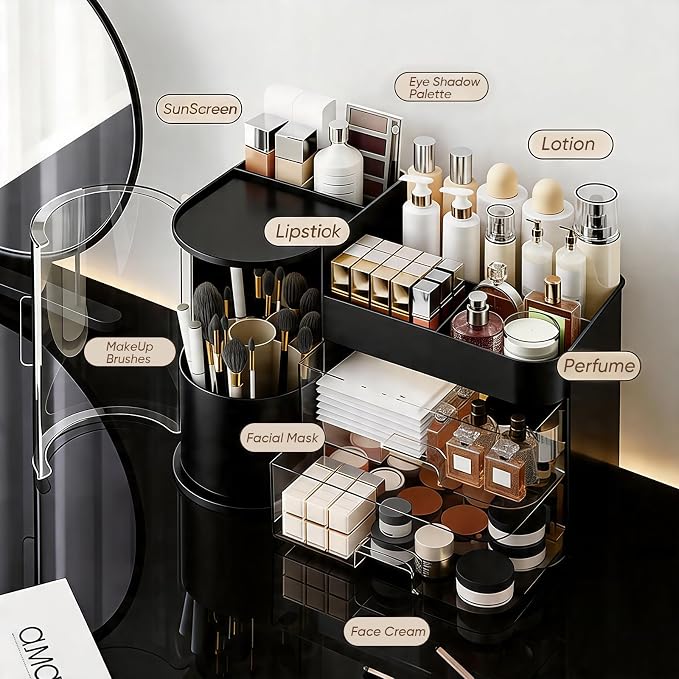 Makeup Organizer,Rotating Cosmetic Storage Organizer with Drawers,Large Capacity Makeup Brush Holder,Skincare Vanity Organizer for Bathroom Countertop,Black