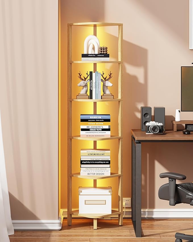 TUTOTAK Corner Shelf with LED Light, 6-Tier Corner Bookshelf | for Small Space, Narrow Display Corner Shelf Stand with Storage Rack, for Living Room, Bedroom, Natural BS08BN006L
