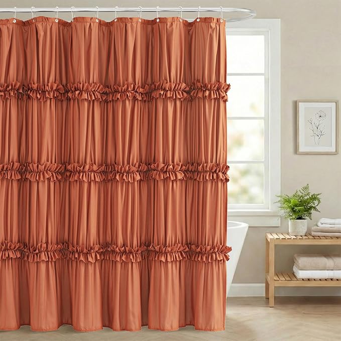 LIPA Boho Shower Curtain Rustic Ruffle Shower Curtain with Ruched & Bow Vintage Farmhouse Shower Curtains for Bathroom Bohemian Bathroom Decor(Orange,72x78 Inches)