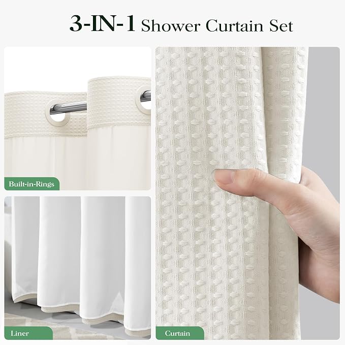Ivory Hook Free Waffle Shower Curtain & Snap-in Fabric Liner,72x75 | Less Time to install, 3 in 1 Fabric Shower Curtain and Liner Set with Magnets, Mesh Top Window, Shower Curtains for Bathroom