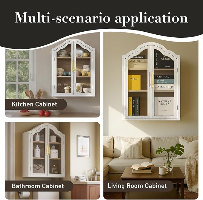 Arched Bathroom Wall Cabinet with Glass Doors, 31.5×23.6" Wall Mounted Display Cabinet with Adjustable Shelves, Hanging Storage Cabinet for Kitchen, Living Room
