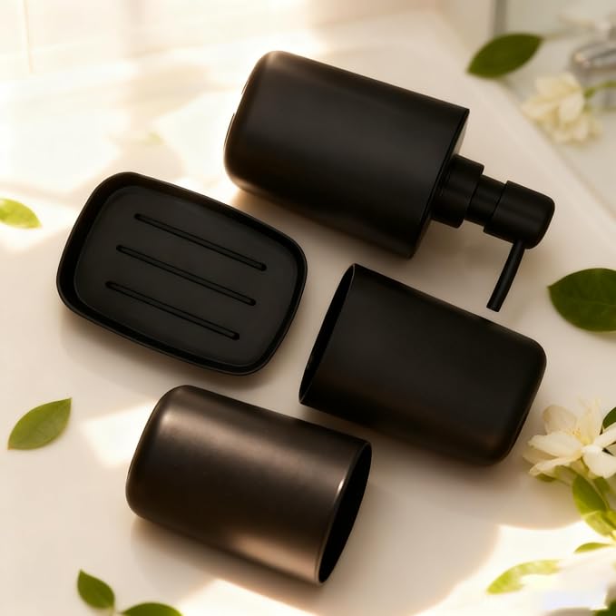 LGURT Matte Black Bath Accessories Set — 4-Pc Dispenser, Holder & Cup | Compact 4-piece matte black bath set. 10oz dispenser, toothbrush holder, cup & dish. Countertop-friendly. Budget-friendly.