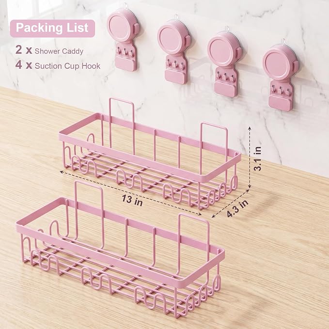 JOTPE Pink Suction Cup Shower Caddy, 2 Pack Bathroom Organizer with Hooks | No-Drill Shower Organizer with Strong Suction Cups, Rust-Resistant Metal Shelves Store Shampoo, Soap and Bath Essentials