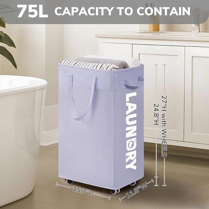 Goodpcik 2-Pack Rolling Laundry Hamper with Wheels, Hamper for Dorm, 75L | Laundry Hamper with Wheels & Handles for Dirty Clothes, Rolling Laundry Basket, Dorm Room Essentials, Light Purple
