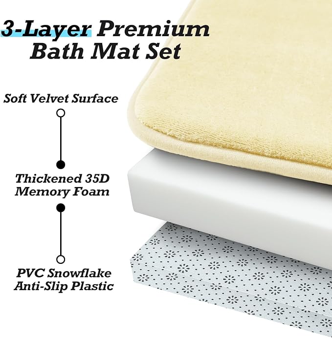 Bathroom Rugs Sets 3 Piece, Non-Slip & Quick Dry Bath Mat Set, Ultra Soft Velvet Bath Rugs for Bathroom, Toilet and Shower Floor, Cream Yellow