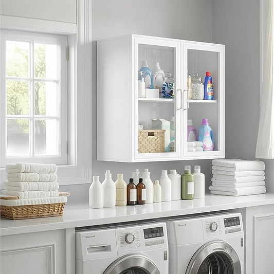 24” W Bathroom Wall Cabinet with Acrylic Glass Doors, Display Cabinet, Kitchen Wall Cabinets with Adjustable Shelf, Laundry Room Wall Mounted Cabinet, Medicine Wall Cabinet with Light (White)