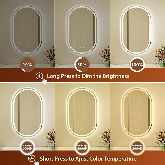 24x40 Inch Oval Gold Framed LED Bathroom Mirror with Lights, Wall-Mounted Mirror with Anti-Fog, 3 Color Temperature, Dimmable Brightness, Waterproof, Tempered Glass, Frontlit & Backlit