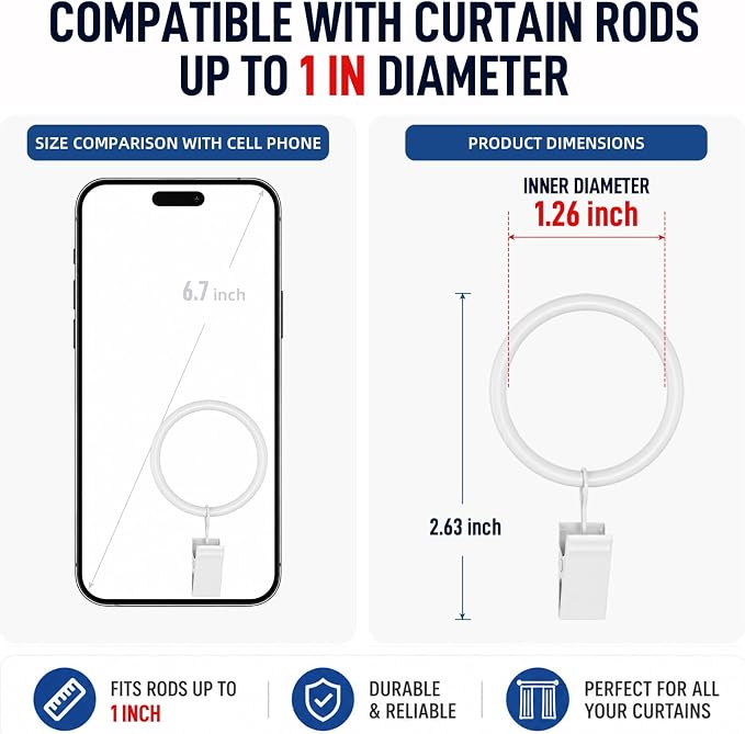Lansian 44 Pack Curtain Rings with Clips Hooks 1.26 in Diameter Rustproof | Metal Stainless Steel Drapery Rings for Tension Rod Bracket Eyelets Decorative Hanger, Fits 1 in Rods, White