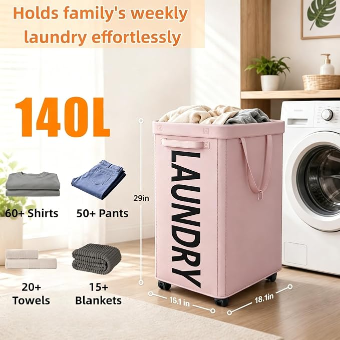 Optish 140L Laundry Hamper with Wheels, Rolling Laundry Basket with Removable Mesh Bag, Extra Large Clothes Hamper on Wheel for Bedroom, Bathroom, Dorm Room Essentials, Pink