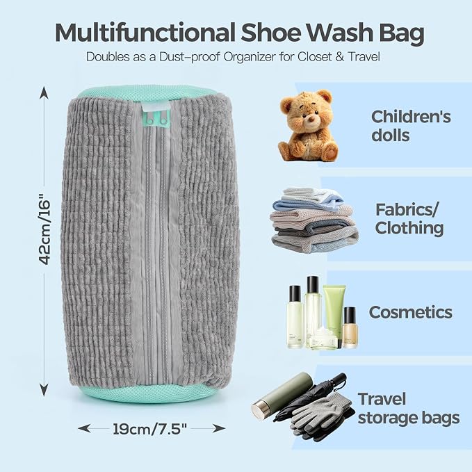Dual Shoe Washing Machine Bag for Washer and Dryer Holds 2 Shoes (Gray) | Reusable Laundry Shoe Bag with Microfiber Brushes, 360° Deep Cleaning, Self-Locking Zipper,Sneaker Tennis Shoe Cleaning Bag