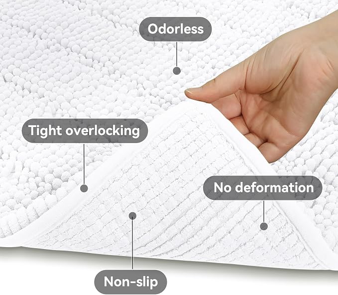 Bcoimo Bath Rug Mat,36x24 Chenille Non Slip White Bathroom Floor Shower Mat | Extra Soft Bathroom Rugs;Non Slip with Rubber Backing Bath Mats;High Absorbent And Quick Dry Microfiber mat; Machine Washable