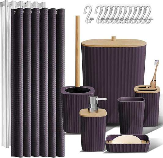 Clara Clark Purple Bathroom Set, Shower Curtain Set, Bathroom Accessory Set | 20 Piece Bathroom Accessories Set with Toothbrush Holder, Soap Dispenser, Soap Dish, Toilet Brush, and Bathroom Trash Can