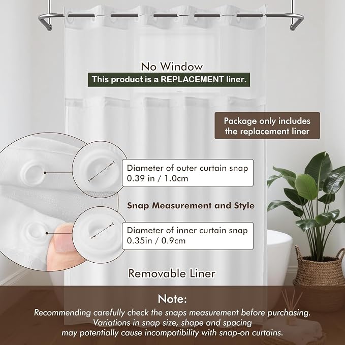 Barossa Design 70x54 Snap-in Shower Curtain Replacement Liner White | 2 Bottom Magnets, Fabric, Removable, Water Repellent, Machine Washable, Hotel Style, 70" W x 54" H Inner Liner