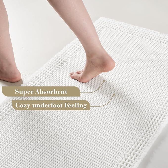 RESARE Waffle Bathroom Runner Rugs, Non Slip Boho Bath Mat 24"x60" White | Long Absorbent Bathroom Floor Mats Machine Washable Quick Dry, Soft Solid 2'x5' Bath Rugs with Tassels, Ideal Farmhouse Decor