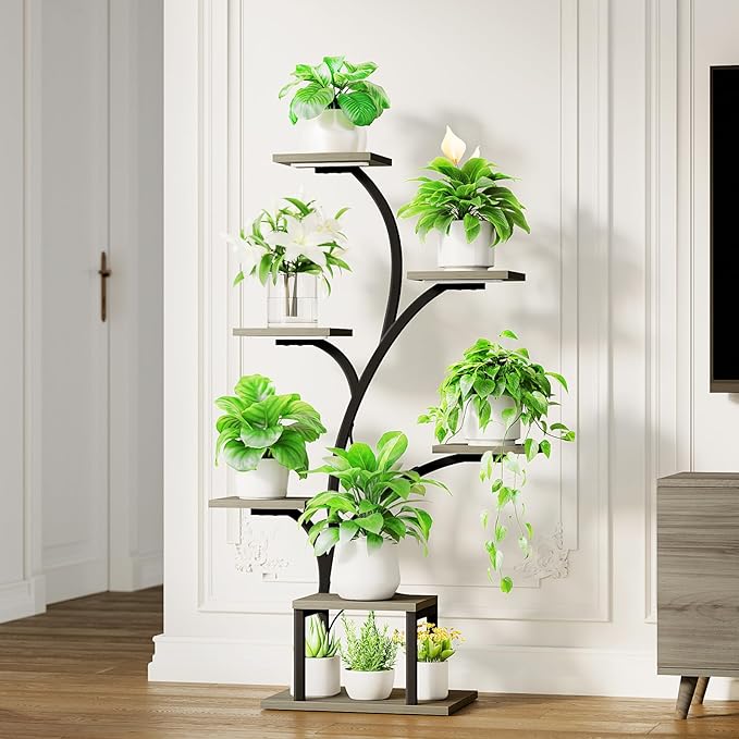 BACEKOLL Plant Stand Indoor with Grow Light, 7 Tier 49" Lighted Plant Shelf | Tree-Shaped Tall Holder with Full Spectrum Light for Indoor Growing, Sturdy Metal Rack for Home Corner, Space-Saving, Grey