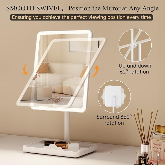 FUNTOUCH 4000mAh Rechargeable Vanity Mirror with Lights 40X Magnifier,White | 3-Color Lighting Makeup Mirror with Lights & 84 LED,360°Rotation Touch Dimmable Lighted Makeup Mirror for Bedroom Tabletop