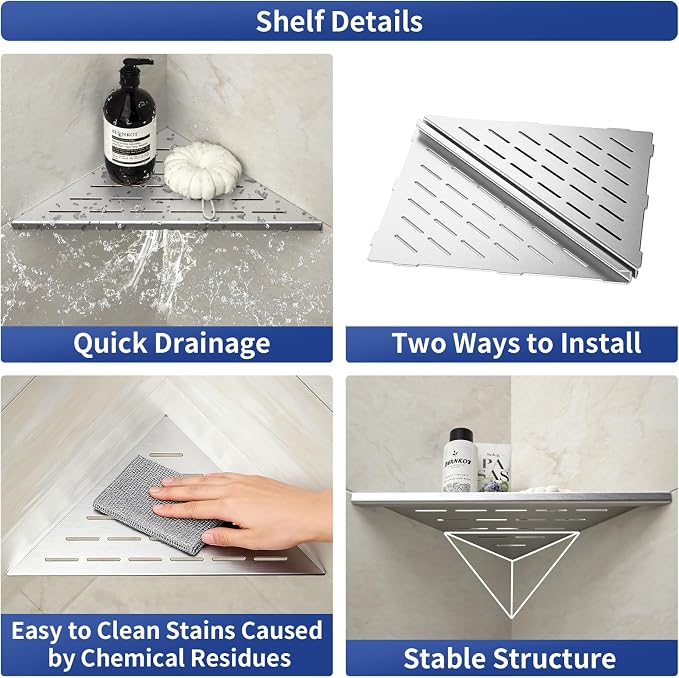 Corner Shower Shelf, 12" Brushed | 304 Stainless Steel, Grout in Bathroom Shower Shelf for Tiled Wall, 2 Pack, Large Size