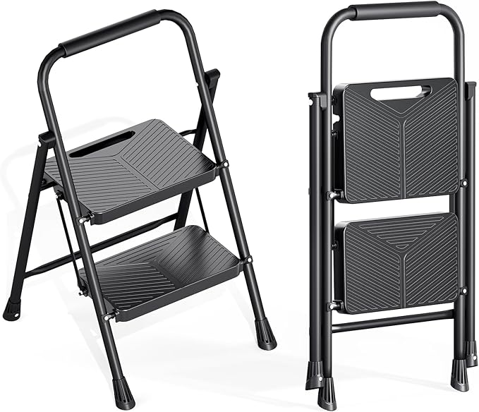 KINGRACK 2 Step Ladder, Portable Folding Ladder with Anti-Slip Pedals | Heavy Sturdy Steel Step Stool for Multi-Purpose, Home, Kitchen, Handrail, Safe-Lock Design, Pass 500lbs Load Testing, Black