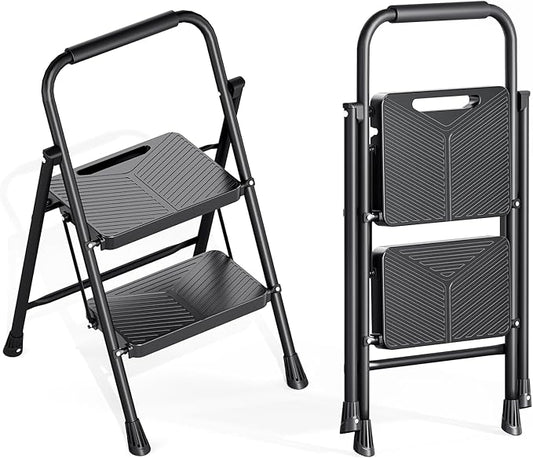 KINGRACK 2 Step Ladder, Portable Folding Ladder with Anti-Slip Pedals | Heavy Sturdy Steel Step Stool for Multi-Purpose, Home, Kitchen, Handrail, Safe-Lock Design, Pass 500lbs Load Testing, Black