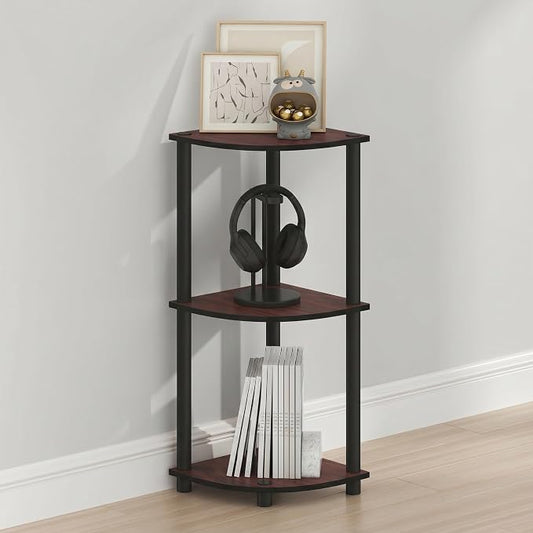 Furinno Turn-N-Tube Toolless Assembly 3-Tier Storage Shelves, Dark Cherry | Brown Corner Shelf, Open Storage Book Shelf, for Organization and Storage, Living Room, Home Office, Bedroom