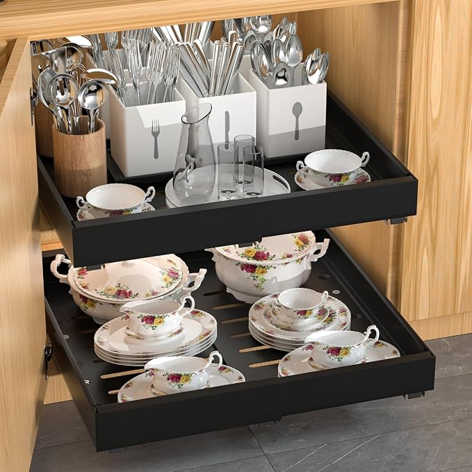 DEKAVA 4 Pack Expandable Pull Out Cabinet Organizer | fixed by nano adhesive film,heavy duty sliding drawer,suitable for kitchen,pantry cabinet storage