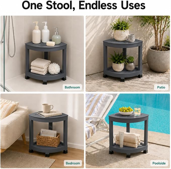 CROWNFURN Shower Foot Rest, HIPS Waterproof Shower Stool for Inside Shower, Corner Shower Bench for Shaving Legs with Baffle Storage Shelf for Small Space, Rapid Assembly DIY Combination Shelf (Grey)