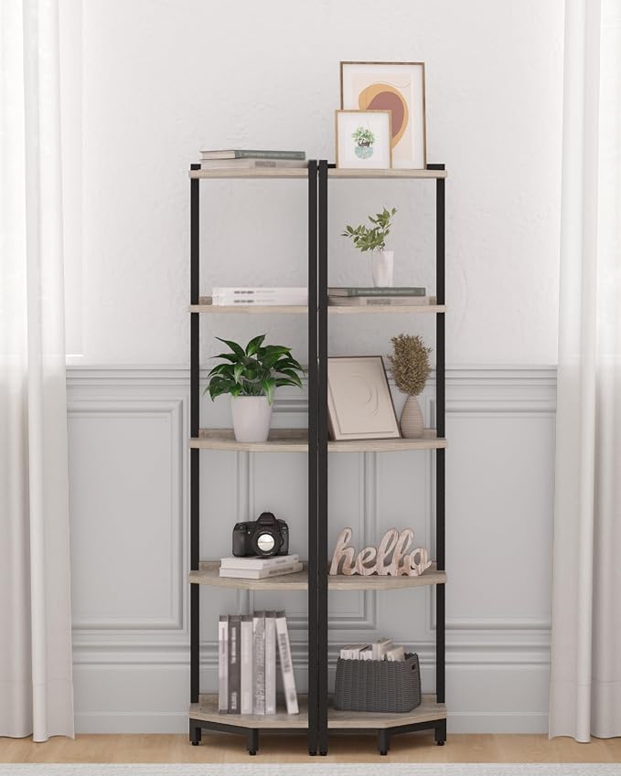 Hzuaneri Corner Shelf Stand, Corner Bookshelf with Metal Frame | Storage Standing Shelf Unit Plant Stand, Bookcase for Living Room, Home Office, Bedroom, 5-Tier Greige CS05905B