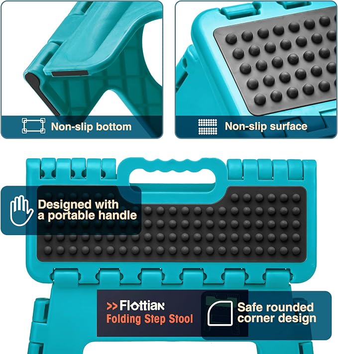 Flottian 13" Folding Step Stool for Adults and Kids Holds Up to 300 lbs,Non-Slip Folding Stools with Handle, Compact Plastic Foldable Step Stool for Bathroom,Bedroom, Kitchen Ocean Blue,1PC