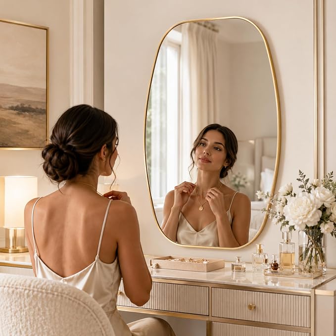 Matte Gold Capsule Bathroom Mirror, 24x36 Inch | Aluminum alloy frame, muted vintage gold tone, tempered glass, two-way mount for dressing space