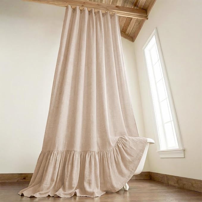 Farmhouse Shower Curtain Ruffle Linen Beige 72" W x 96" L | Linen Fabric, Farmhouse Boho, Bottom Ruffle, Rustic, Country, Natural Look, Washable, Shower Curtain for Bathroom Bathtub