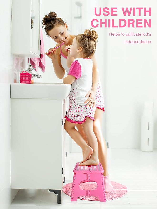 Dyforce Kids Step Stool 11 Inch, 300lbs Folding Step Stool for Adults | Toddler Step stool Pink,Anti-slip Heavy Duty with Carry Handle, Lightweight Foldable Stool for Bathroom Kitchen Bedroom