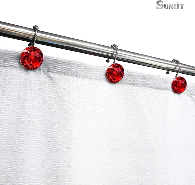 Sunlit Luxury Design Round Red Diamond Crystal Gem Bling with Glide Balls Shower Curtain Hooks, Rust Proof Metal Rhinestones Glam Shower Curtain Rings-12 Pack