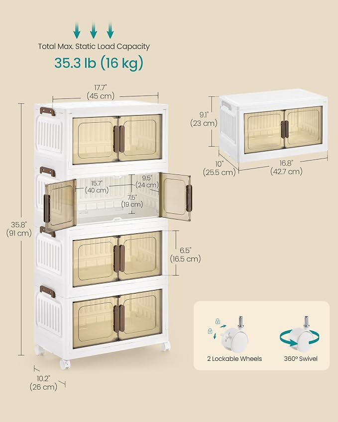 SONGMICS 26QT stackable storage bins with 1 Lid, 4-Tier Foldable Bins | Collapsible Cabinet, PP Plastic, Magnetic Doors and wheels, 17.7 x 10.2 x 35.8 inch, White, DENNYS Collection URLB445WZ01