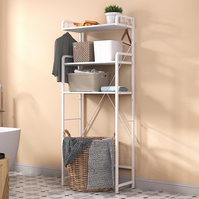 Huhote Over The Toilet Storage Rack with 3-Tier Bathroom Shelves, Space Saver Toilet Shelf, Bathroom Storage Organizer with Hooks for Over Toilet Storage and Bathroom Shelf (White Faux Marble)