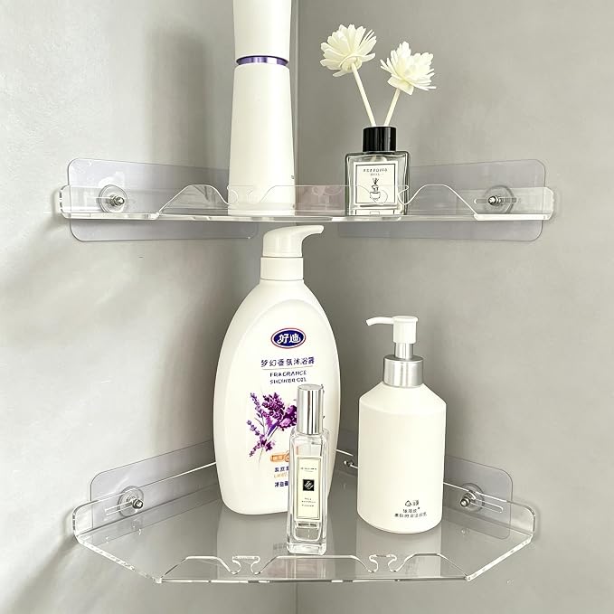 Corner Shower Caddy Shelf Rack 2 Tier Adhesive Shower Organizer Essentials - No Drilling Acrylic Bathroom Storage Rack with Hooks No Drilling Shelves (10"x10" 2 tier clear)