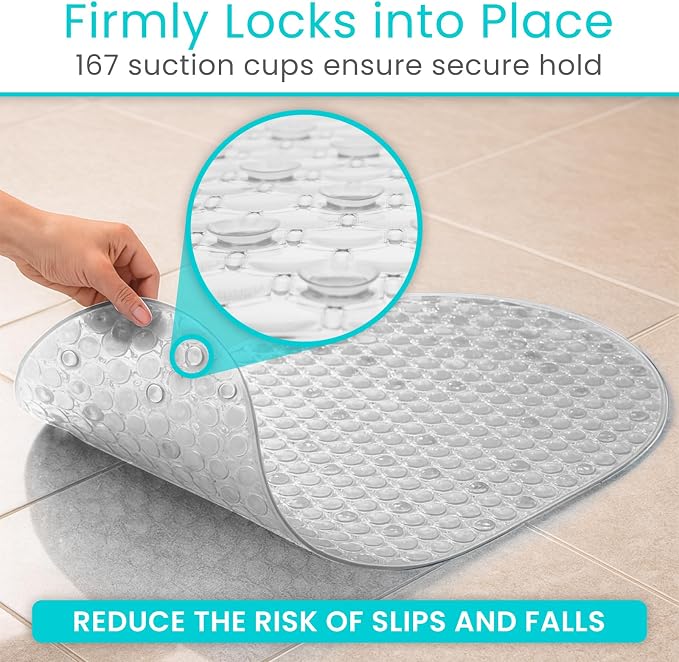 Vive Oval Bathtub Mat - Nonslip Shower Floor Pad - Non-Slip and Non-Skid | For Bath Tub with Strong Rubber Suction Cup Grip - for Baby, Elderly, Kids, Bathroom (Gray)