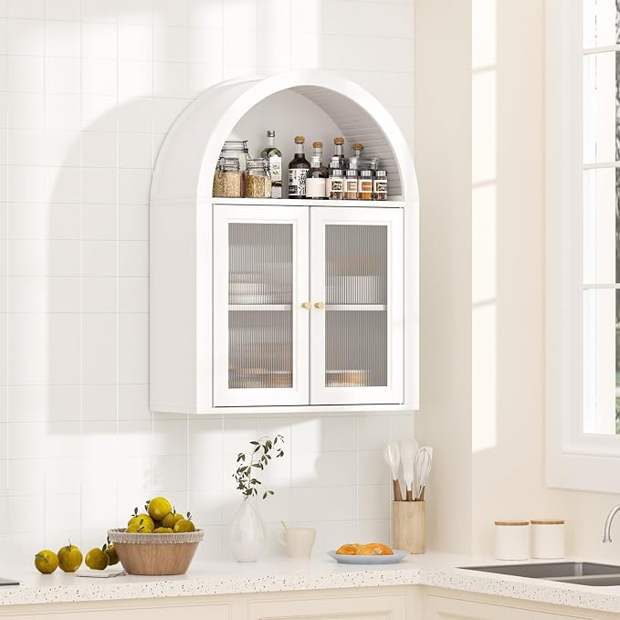 Medicine Cabinet with Arched Top, Bathroom Wall Cabinet Over Toilet with Wave Pattern Acrylic Doors and Removable Shelf, Roman Style Small Wall Cabinets for Kitchen, Living room, Laundry Room, White