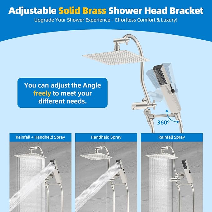 Hibbent All Metal cUPC Certified Shower Head, 8'' High Pressure Rainfall Showerhead Combo, Handheld Shower Wand, 12'' Adjustable Extension Arm, 4-Spray, 71'' Hose, Shower Holder, Brushed Nickel