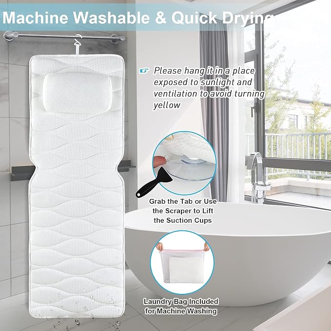 OMYSTYLE Full Body Bath Pillow, Bath Pillows for tub with Mesh Washing Bag & 21 Non-Slip Suction Cups, Spa Bathtub for Head Neck Shoulder and Back Support - 5D Air Mesh & Quick Drying