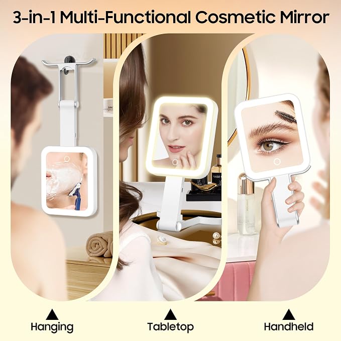 Travel Makeup Mirror with Lights, Double-Sided 1X/30X Magnifying Mirror, 3 Color Lighting & Brightness Adjustable, Portable &Foldable Handheld Mirror with Lights(White)