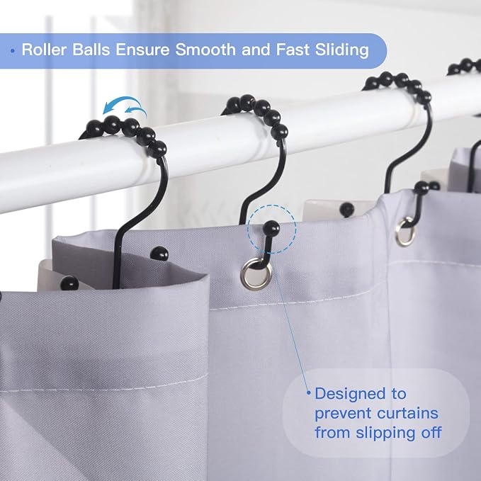 SUTINE Shower Curtain Hooks, 12 Pcs Double Shower Curtain Hooks Rings, Black Shower Curtain Hooks Rust Proof, Stainless Steel Bathroom Shower Hooks for Shower Curtain, Towels, Clothing, Black