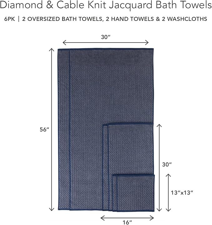 Texere 100% Organic Cotton Jacquard 650 GSM Premium Bath Towel Sets - Extra Absorbent Quick Dry and Plush, 2 Large Bath Towels, 2 Hand Towels, 2 Washcloths (Cable, Estate Blue, 6 Piece)